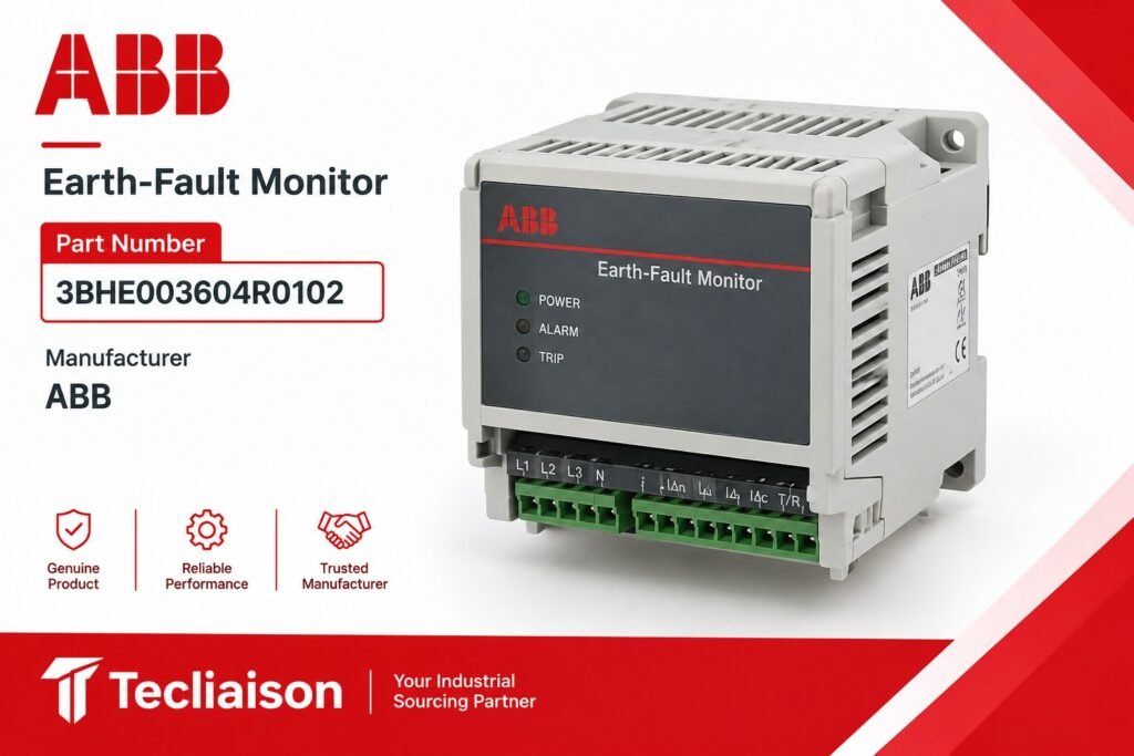 ABB Earth-Fault Monitor industrial component, part number 3BHE003604R0102, with Tecliaison branding.