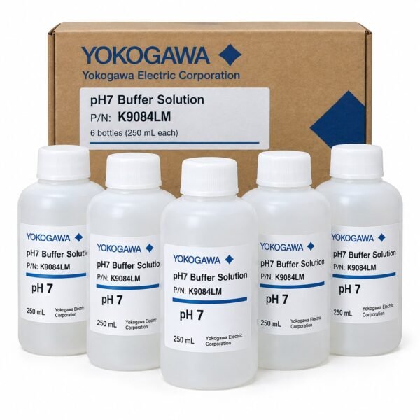 Yokogawa pH7 Buffer Solution K9084LM, six 250 mL polyethylene bottles for pH analyzer calibration.