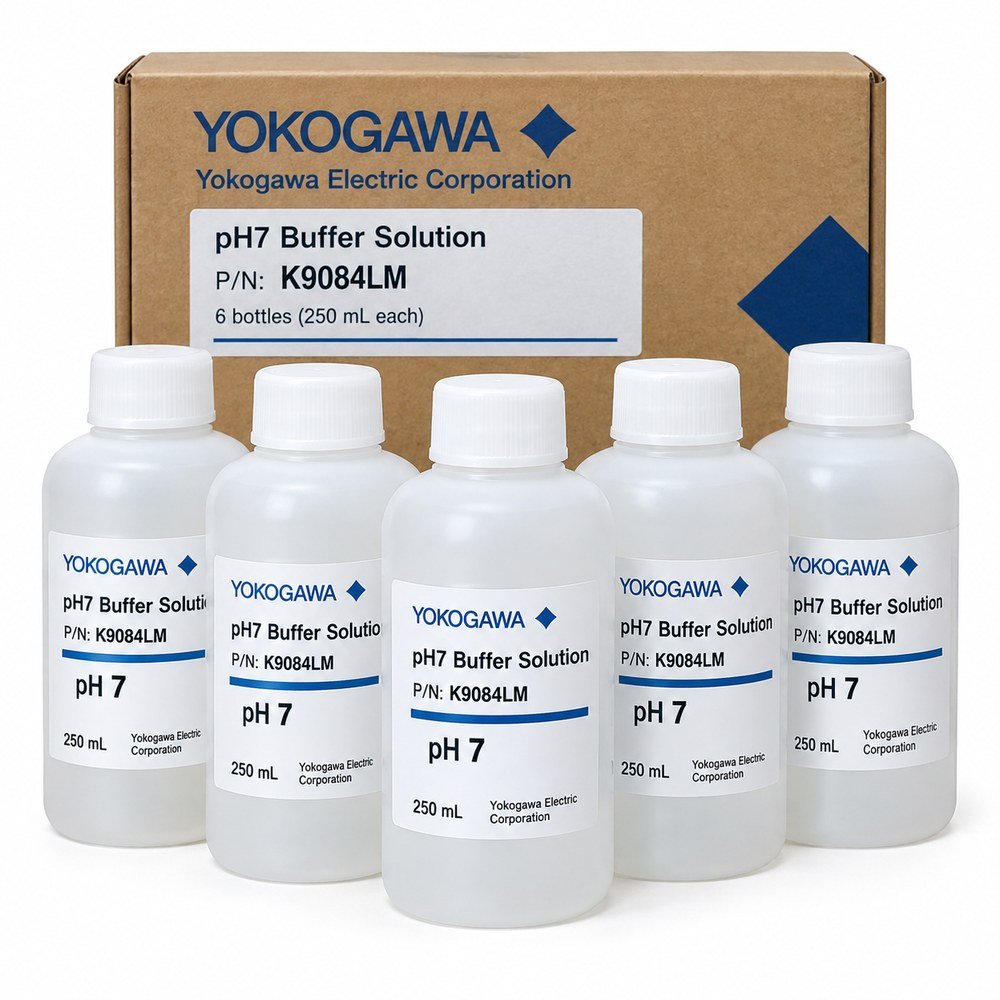 Yokogawa pH7 Buffer Solution K9084LM, six 250 mL polyethylene bottles for pH analyzer calibration.