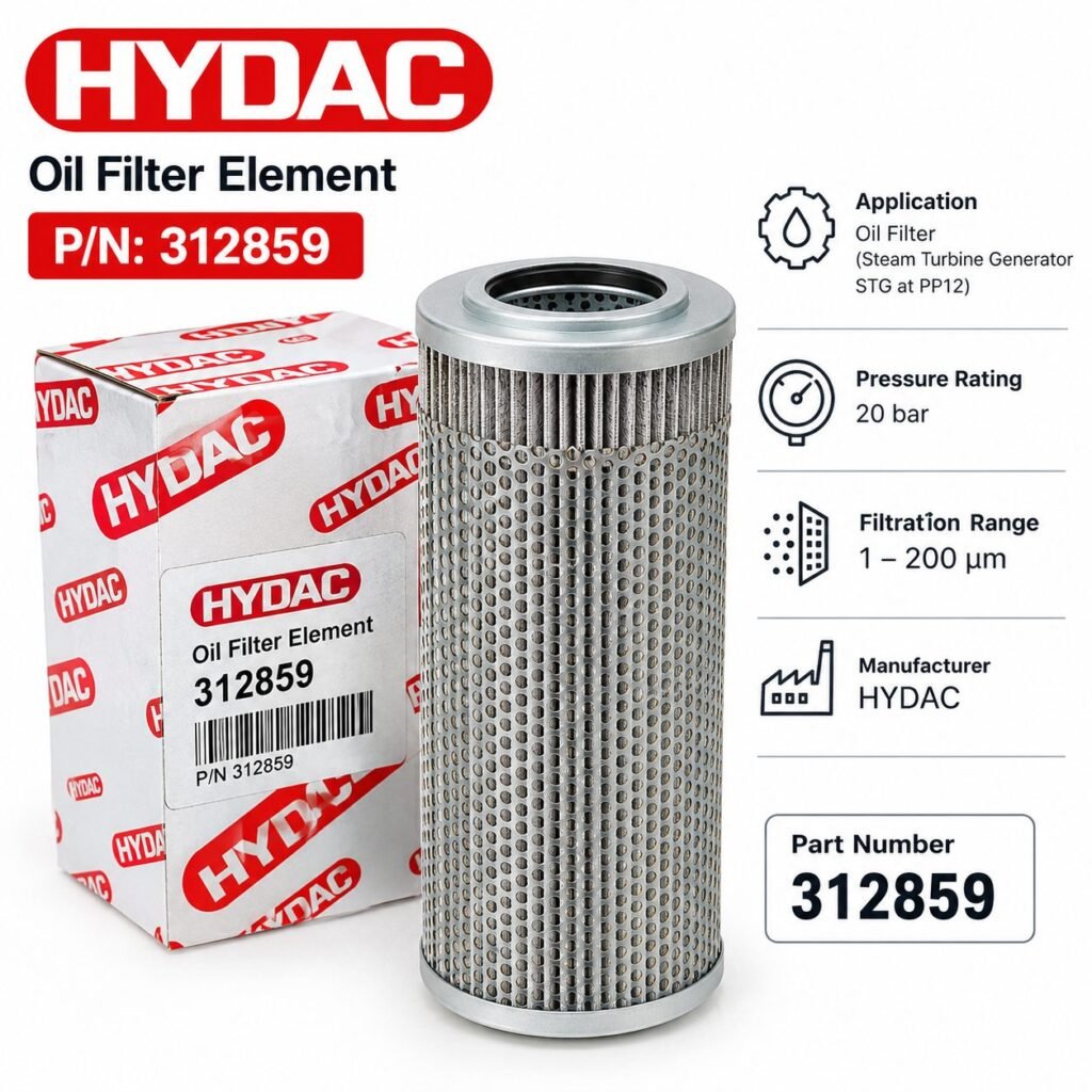 HYDAC Oil Filter Element, Part Number 312859, cylindrical industrial oil filter cartridge for steam turbine generator (STG) application at PP12.