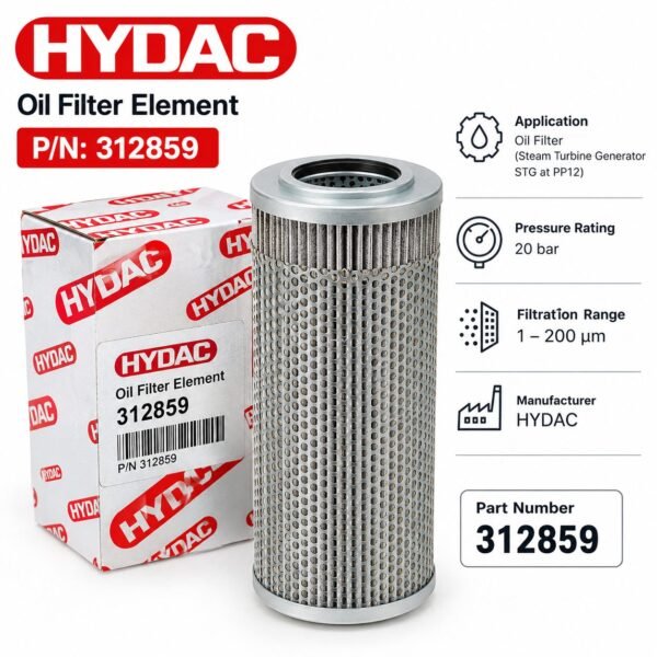 HYDAC Oil Filter Element, Part Number 312859, cylindrical industrial oil filter cartridge for steam turbine generator (STG) application at PP12.