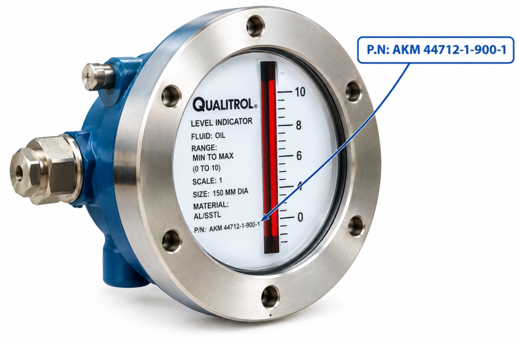 QUALITROL Level Indicator part number AKM 44712-1-900-1 for oil, 150 mm diameter