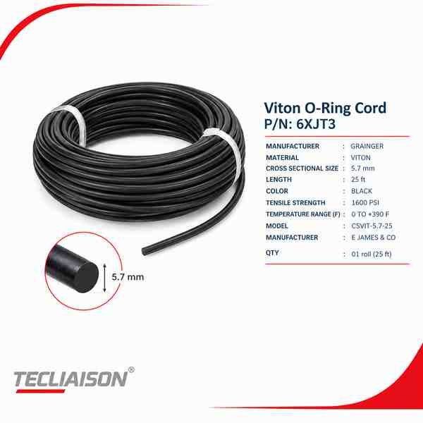 Viton O-ring cord 6XJT3, black, 5.7 mm cross-section, 25 ft roll